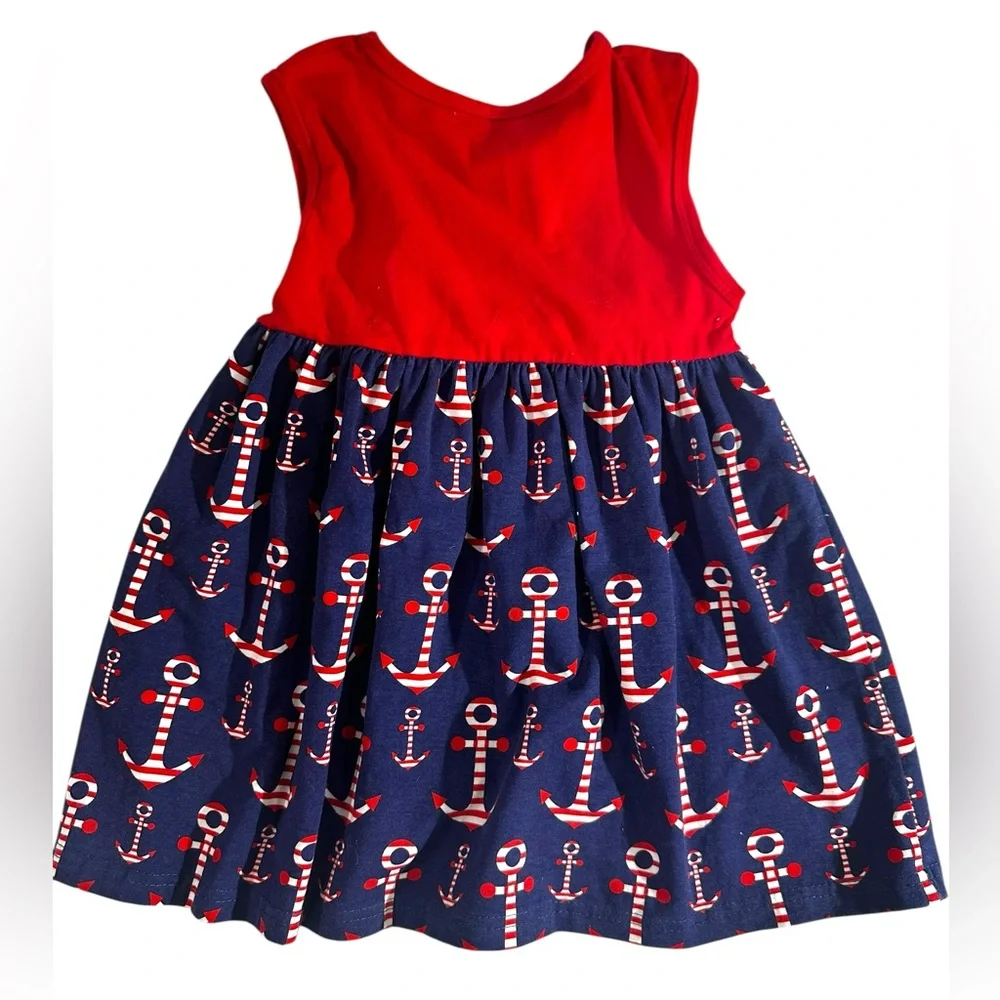 EUC Red and Blue Nautical Dress with Gray Cardigan and Graphic Tee 3t